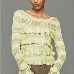 Anthropologie Ruffle Open Knit Sweater Womens Large Lime Green Feminine Coquette